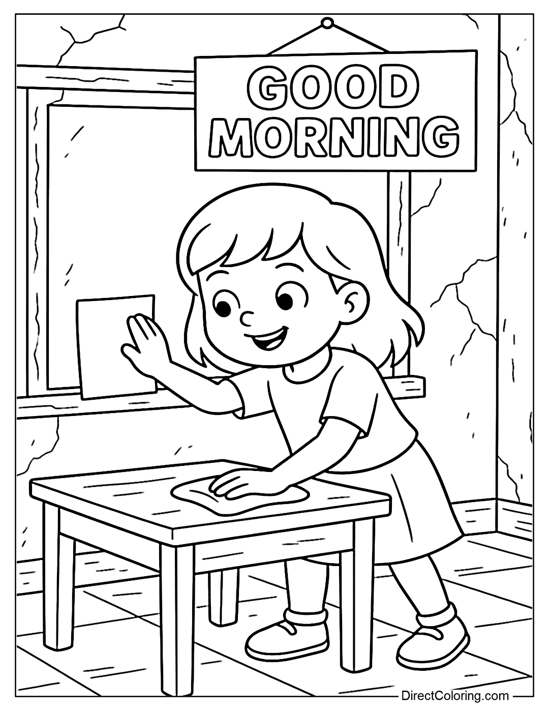 Coloring page of children wiping the table, re-gluing the board and hanging the words 